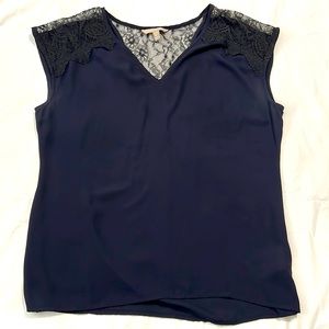 Navy Banana Republic Medium Lace Capped Sleeve Blouse